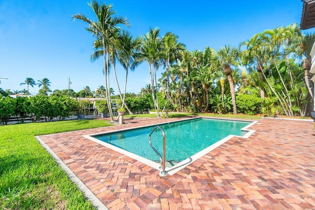 pool featuring a lawn and a patio area