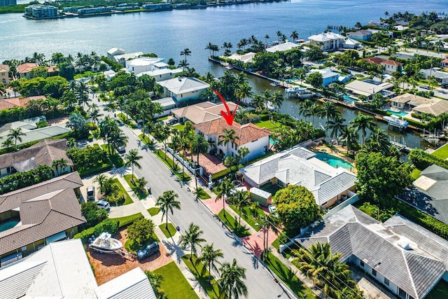 aerial view featuring a water view and a residential view