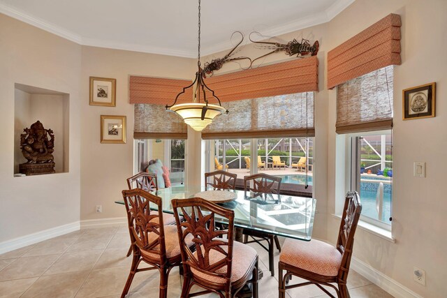 tiled dining room with crown molding