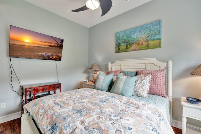 bedroom with ceiling fan and wood-type flooring