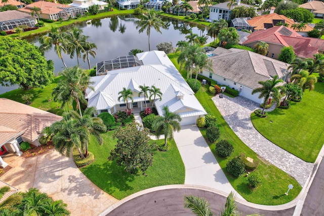 aerial view featuring a water view