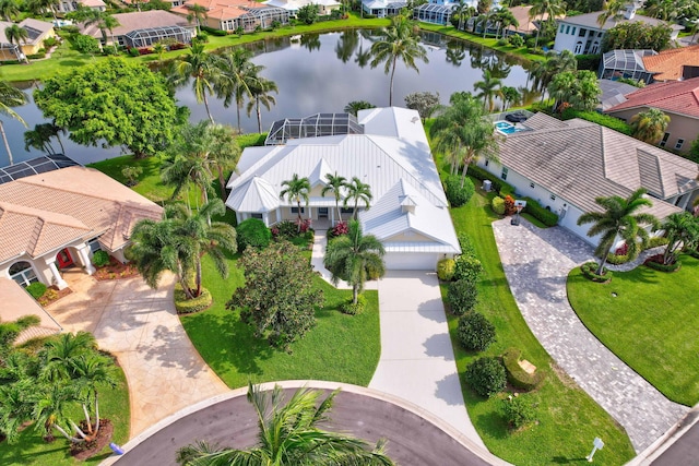 aerial view with a water view