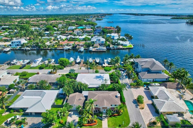 bird's eye view with a water view and a residential view