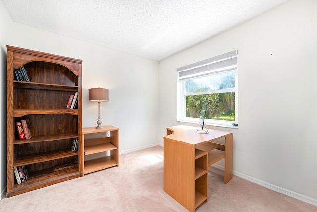 home office featuring a textured ceiling and carpet flooring