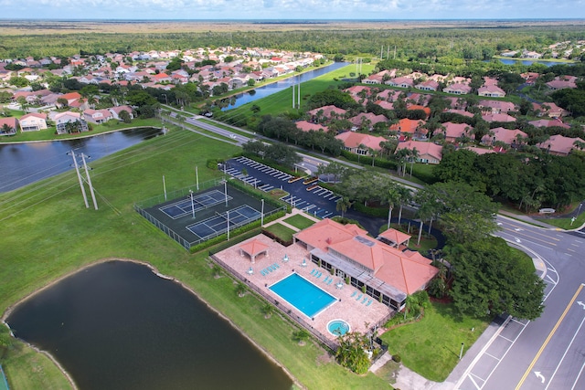 drone / aerial view featuring a water view