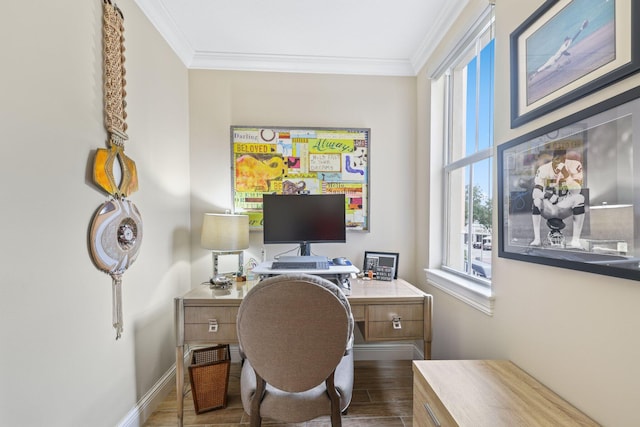 home office featuring crown molding and dark hardwood / wood-style floors