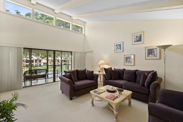 living area with light carpet, a textured ceiling, high vaulted ceiling, and beamed ceiling