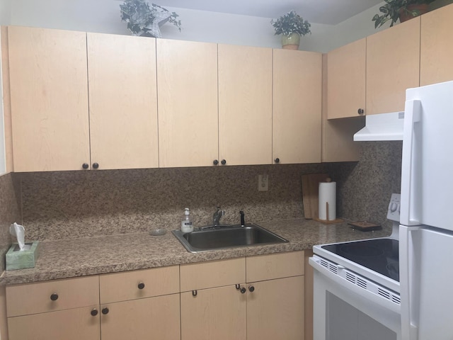 kitchen featuring under cabinet range hood, white appliances, a sink, light countertops, and backsplash