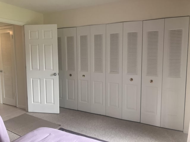 unfurnished bedroom with a closet and light carpet