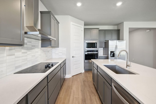 kitchen with decorative backsplash, wall chimney exhaust hood, light hardwood / wood-style flooring, sink, and appliances with stainless steel finishes