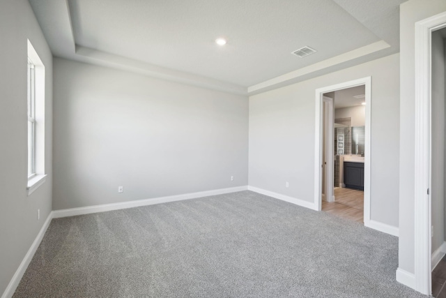 carpeted empty room featuring a tray ceiling