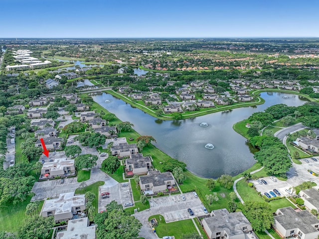 aerial view featuring a residential view and a water view