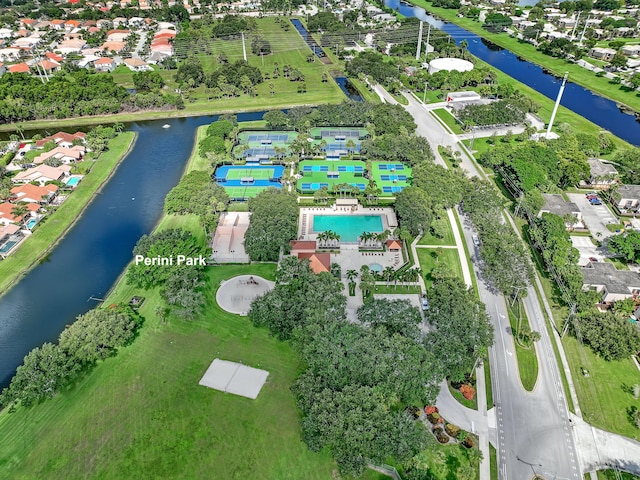 aerial view with a water view and a residential view