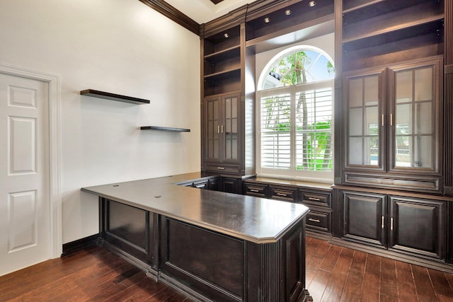 unfurnished office with crown molding and dark wood-type flooring