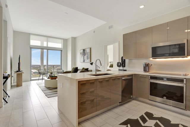 kitchen with sink, kitchen peninsula, appliances with stainless steel finishes, and a wall of windows