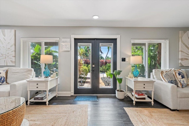 entryway with a healthy amount of sunlight, hardwood / wood-style flooring, and french doors