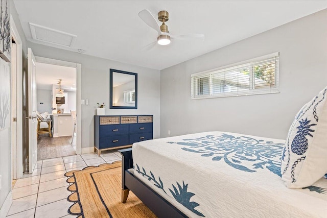 bedroom with light wood-type flooring and ceiling fan