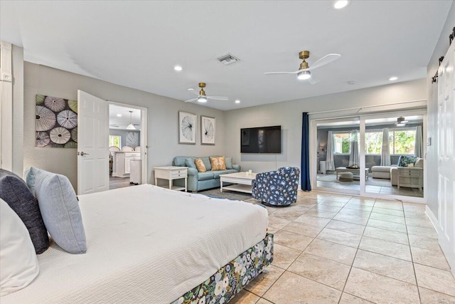 tiled bedroom with access to outside and ceiling fan