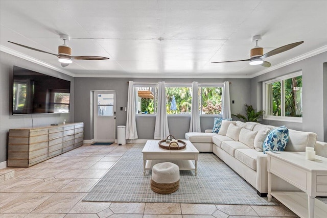 living room featuring ceiling fan, crown molding, and light tile patterned flooring