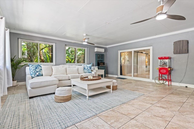 living room featuring a wall mounted AC, ceiling fan, and ornamental molding