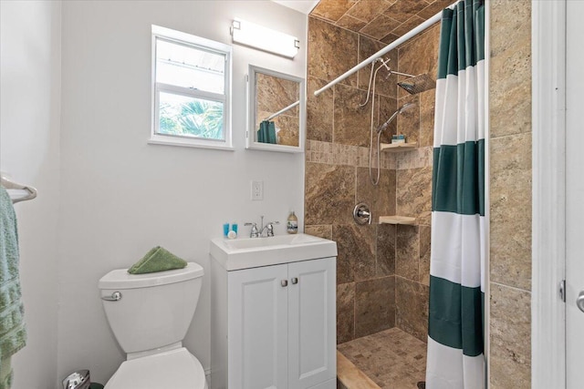 bathroom with vanity, toilet, and a shower with shower curtain