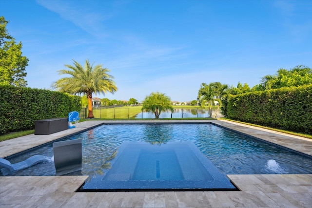 view of pool featuring a water view