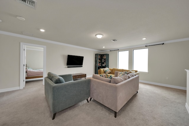 living room with ornamental molding and light colored carpet