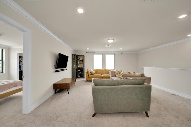 living room with crown molding and light carpet