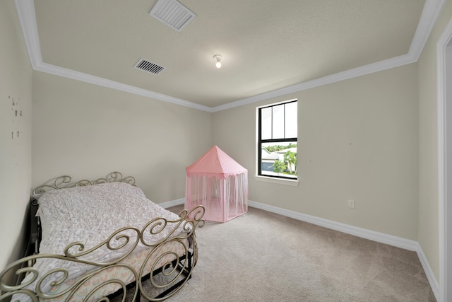 carpeted bedroom with ornamental molding