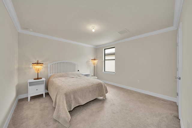 carpeted bedroom with ornamental molding