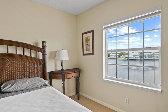 bedroom with carpet floors, a textured ceiling, and a water view