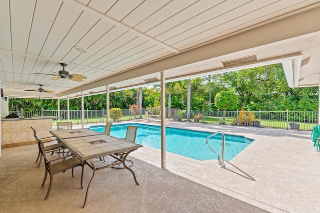 view of pool with a fenced in pool, a fenced backyard, a ceiling fan, and a patio area