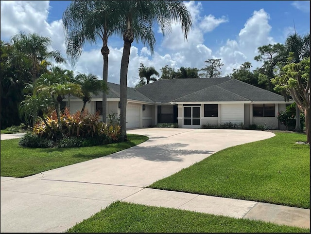 ranch-style home with a front yard, an attached garage, driveway, and stucco siding