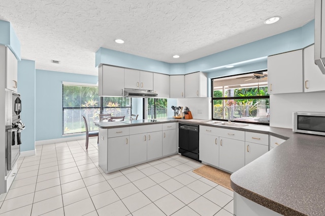 kitchen with a sink, dark countertops, black appliances, and under cabinet range hood