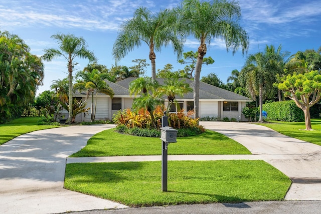 single story home featuring concrete driveway and a front yard