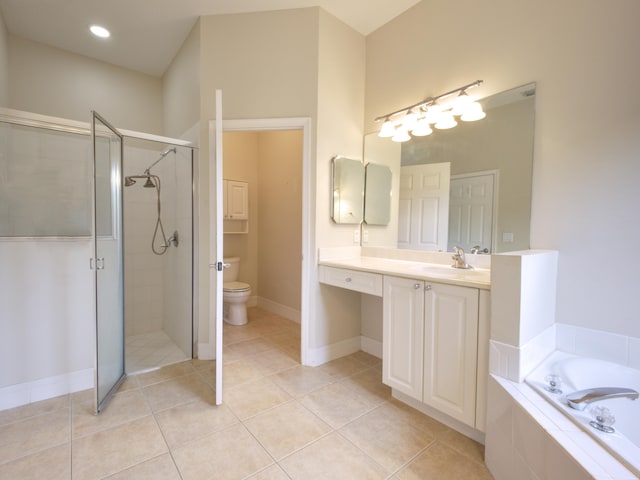 full bathroom featuring tile patterned floors, plus walk in shower, vanity, and toilet