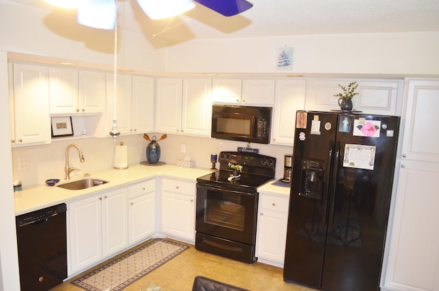 kitchen with ceiling fan, white cabinets, sink, black appliances, and light tile patterned flooring