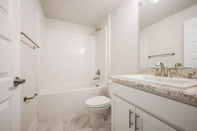 full bathroom featuring vanity, toilet, a textured ceiling, and bathtub / shower combination