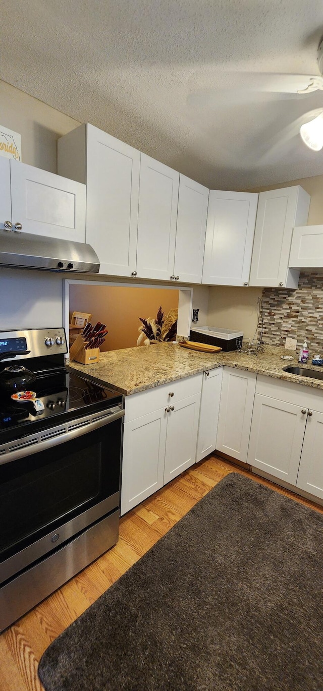 kitchen featuring white cabinetry, stainless steel electric range, light hardwood / wood-style floors, and tasteful backsplash