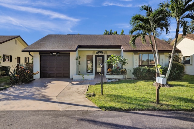 single story home with a garage and a front lawn