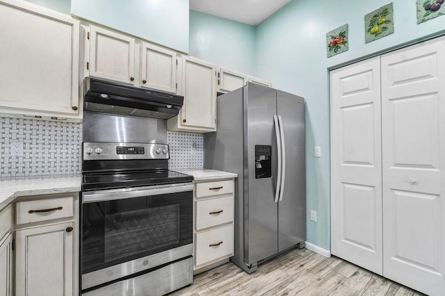 17351 77th Ln N, The Acreage, FL 33470 - kitchen featuring light wood-style flooring, backsplash, under cabinet range hood, and stainless steel appliances