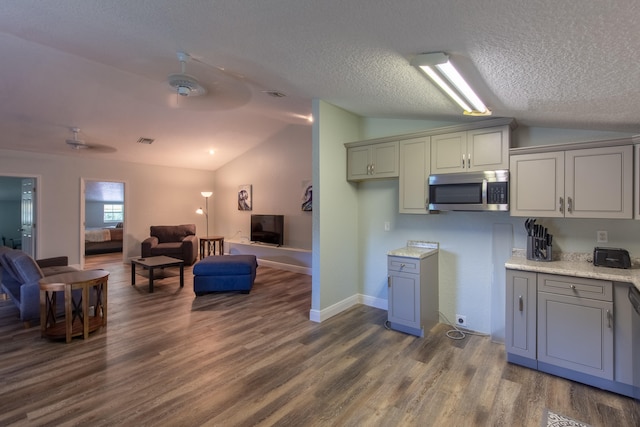 kitchen with gray cabinetry, ceiling fan, vaulted ceiling, and hardwood / wood-style flooring