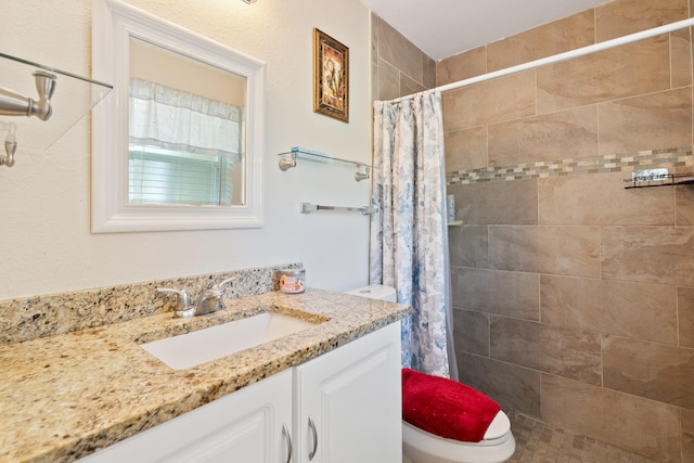 bathroom with vanity, toilet, and a shower with shower curtain