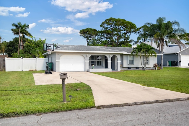 single story home with a front lawn and a garage