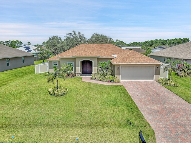 view of front of property with a garage and a front lawn