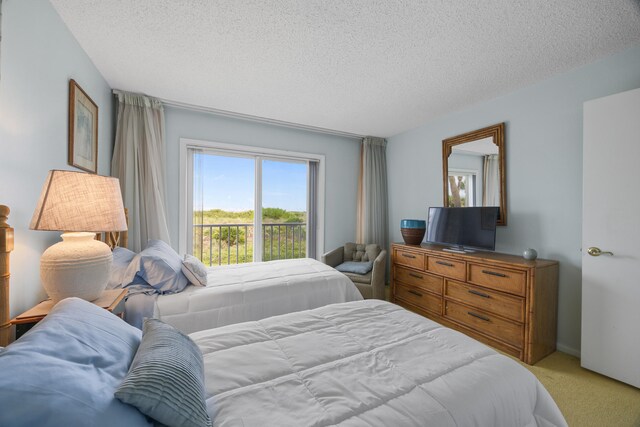 bedroom with carpet floors, access to outside, and a textured ceiling