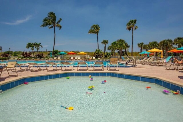 view of swimming pool featuring a patio area