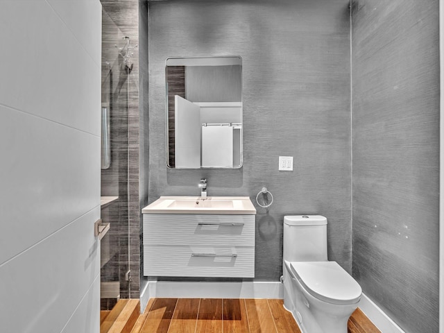 bathroom with vanity, toilet, and wood finished floors