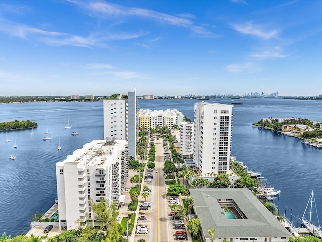 bird's eye view with a water view and a city view