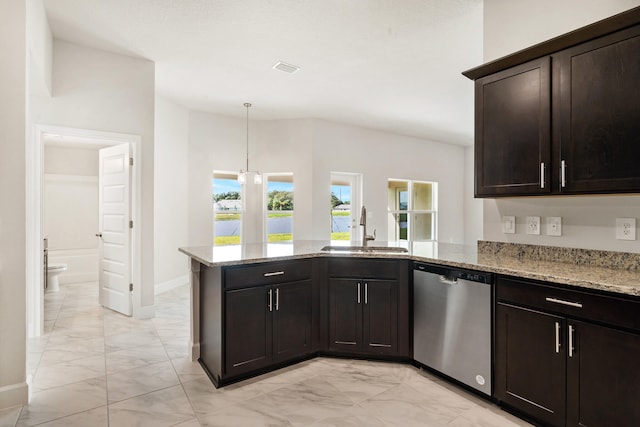 kitchen with kitchen peninsula, light stone countertops, dark brown cabinetry, sink, and dishwasher